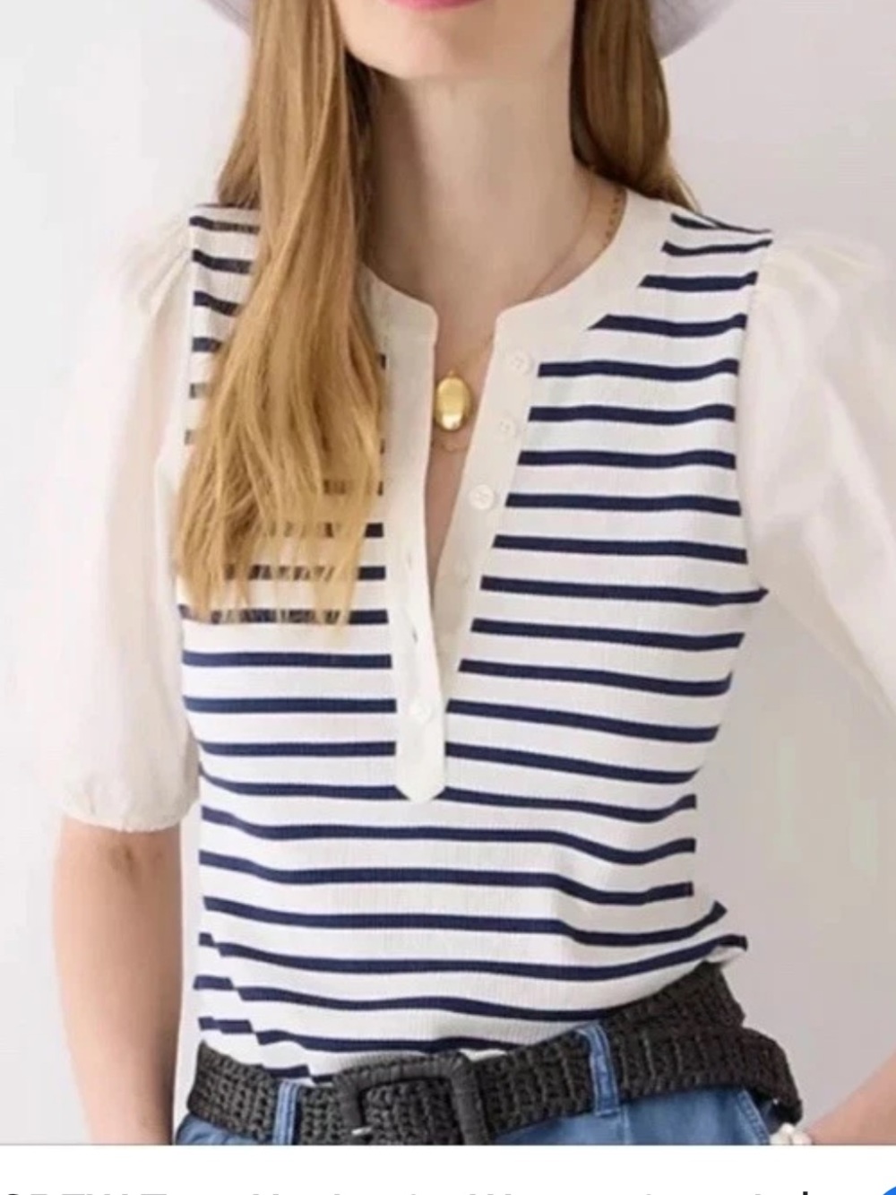 J Crew Ribbed Striped  Navy Blue / White Henley Top with Cotton Puffy Sleeves XL